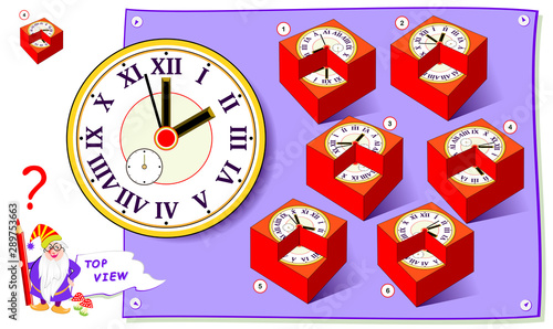 Logic puzzle game for kids. Need to find cube matching top view of clock. Worksheet for school textbook. Printable page for brain teaser book. Development of children spatial thinking skills.