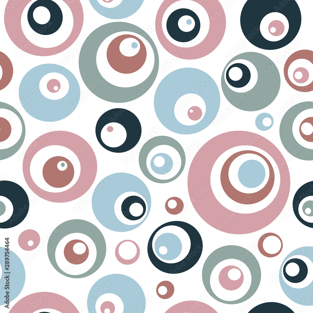 Mod circle seamless pattern for fabrics, backgrounds, packaging, gift wrap, and more. Abstract polka dots. Geometric. Pink, mauve, blue, navy and green.