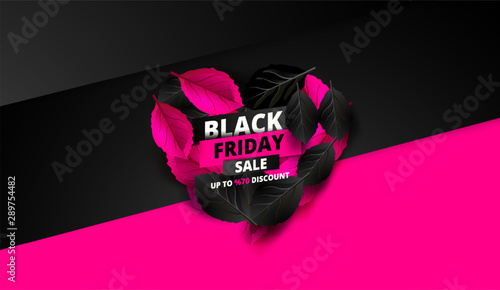 Black Friday. Sale and discounts flat trendy banners.  Black friday calligraphy in heart with  pink leaves in the background. Vector illustration.