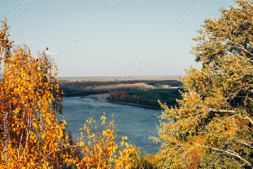 Orange yellow golden autumn leaves on blue water background. Scenic autumn rich flora. Colorful foliage in sunny light. Natural multicolor leafage trees on river backdrop in sunlight. Fall nature.