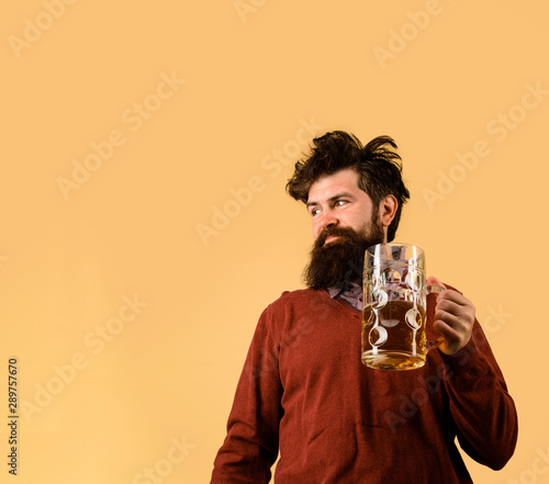 Oktoberfest festival. Drinks, alcohol, leisure and people concept. Beer pub. Stylish man with beard holds mug of beer. Bearded man holds craft beer. Bearded man drinking beer from glass at bar or pub.