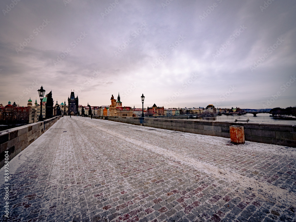 First snow on Prague Bridge