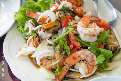 Sea food mussel and shrimp mix in yummy on dish asian style