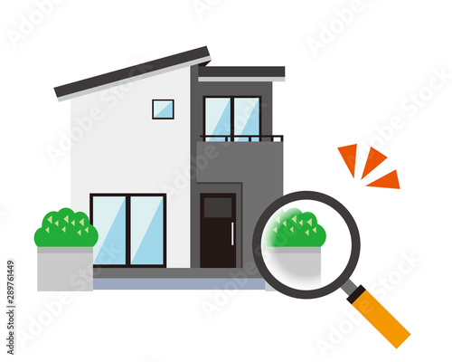 住宅　家　イラスト　一軒家　マイホーム　査定　虫眼鏡　見積　調査