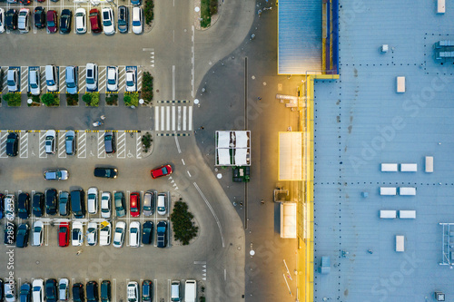 Aerial drone photography of shopping center, central europe. 