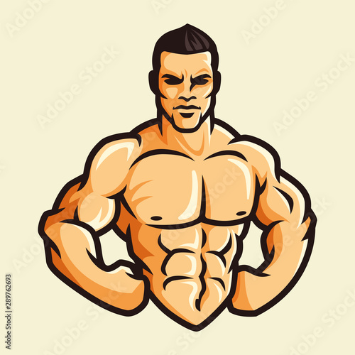 Vector of muscle man flexing show body confidence, color vintage retro, fitness gym bodybuilder.