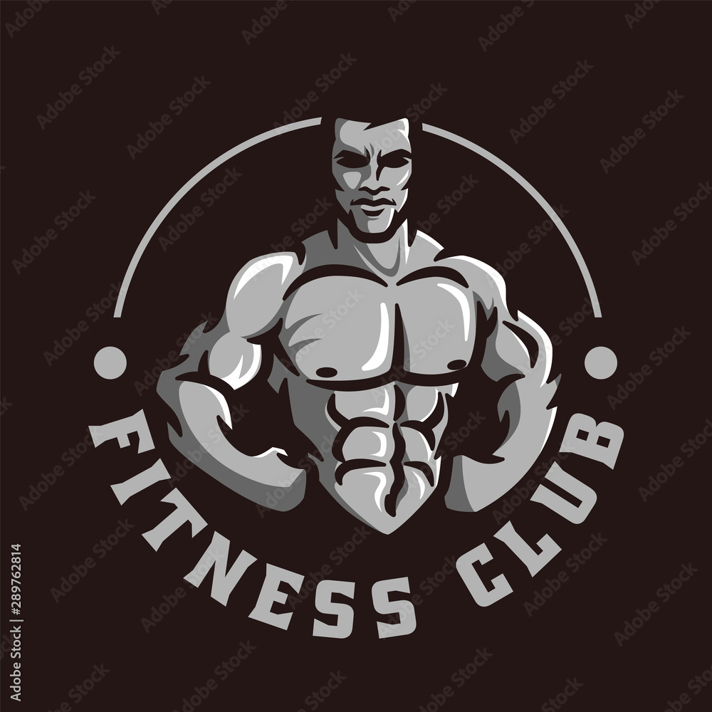 Vector of fitness gym or bodybuilder logo template, with muscle man character or mascot