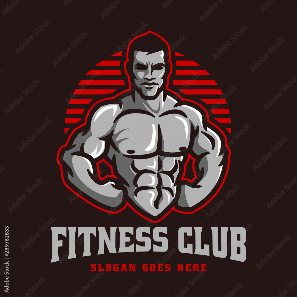 Fitness gym bodybuilder logo template in vector, with muscle man character or mascot