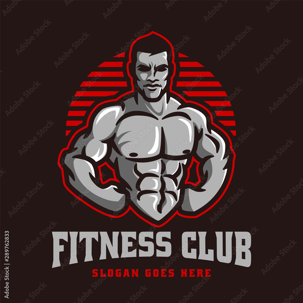 Fitness gym bodybuilder logo template in vector, with muscle man character or mascot Fitness gym bodybuilder logo template in vector, with muscle man character or mascot