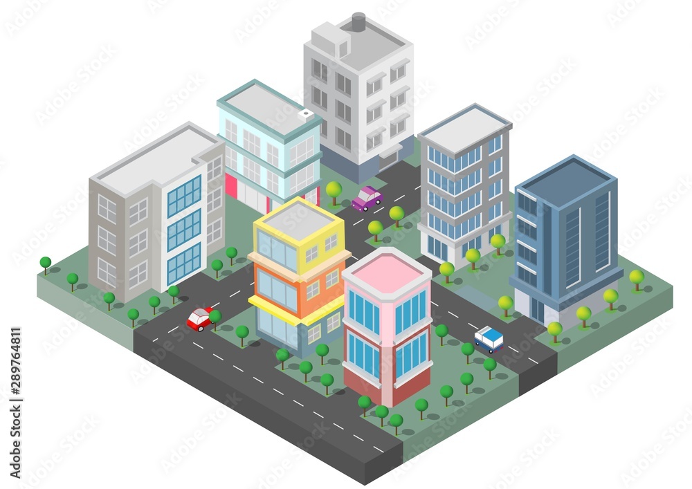 Isometric Building vector. Three building on Yard with road and trees.smart city and public park.building 3d,cars,capital , Vector office and metropolis concept.