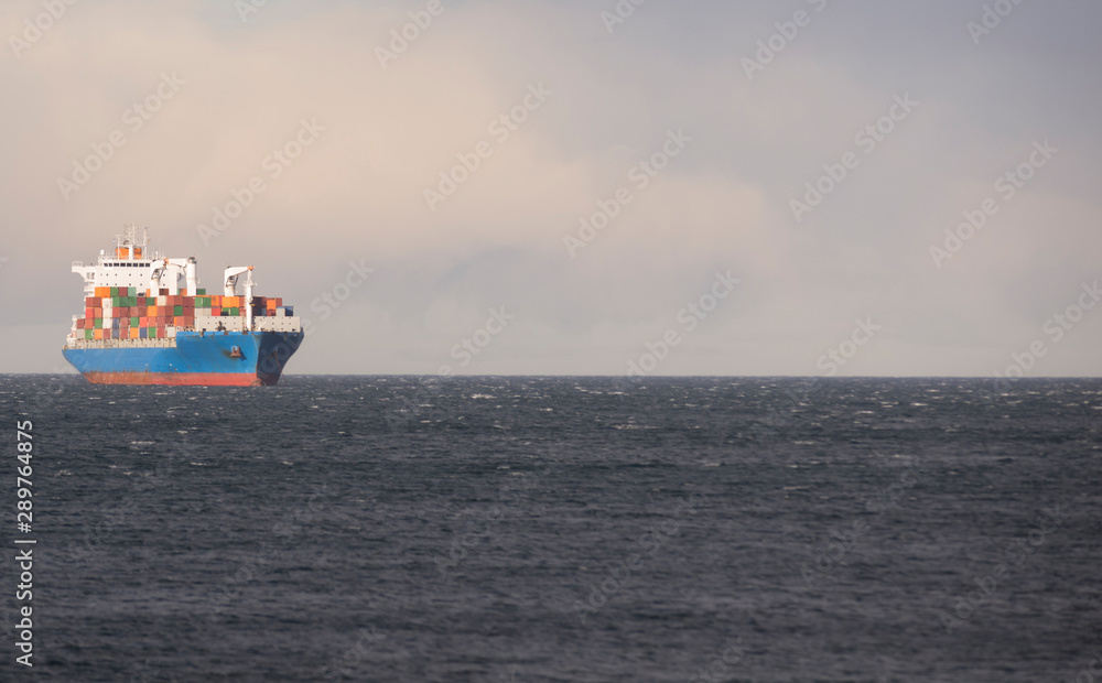 Container transport ship in the Atlantic Ocean. 