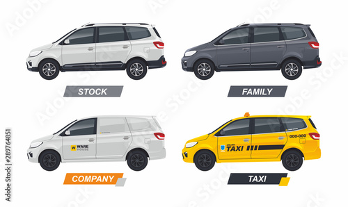 Set Illustration of family mpv, company transport vehicle and car branding for online taxi vector photo