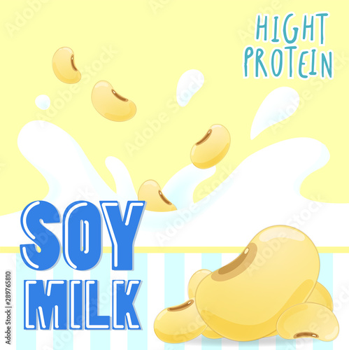 Soy milk with splash on yellow background
