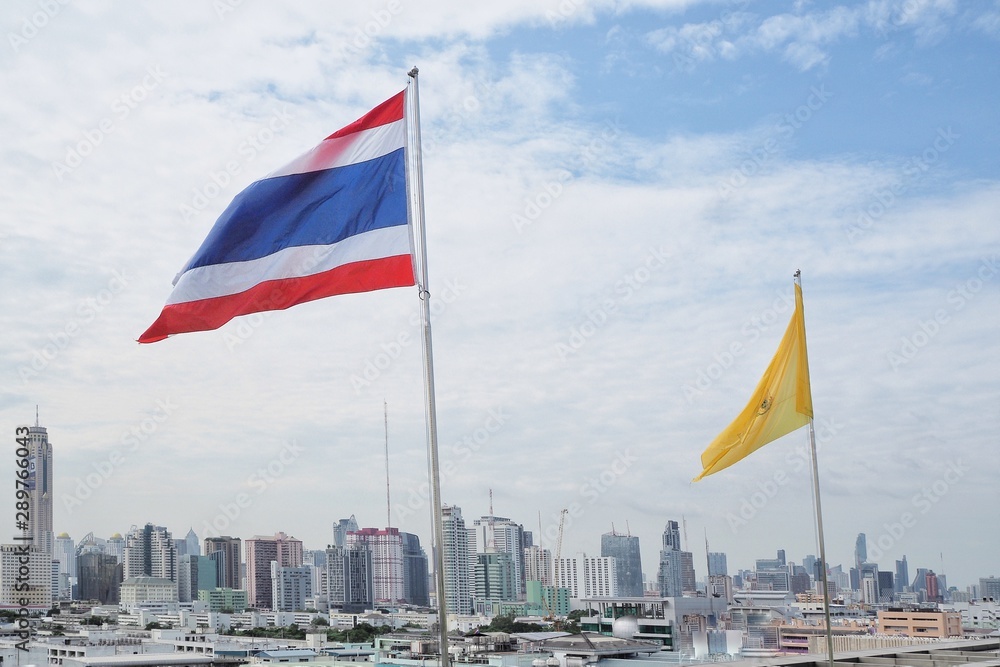 10/9/2019 , Image of waving Thai flag of Thailand with blue sky background at Bangkok , Thailand.