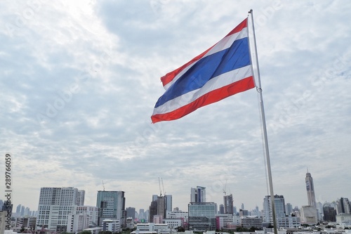10/9/2019 , Image of waving Thai flag of Thailand with blue sky background at Bangkok , Thailand.