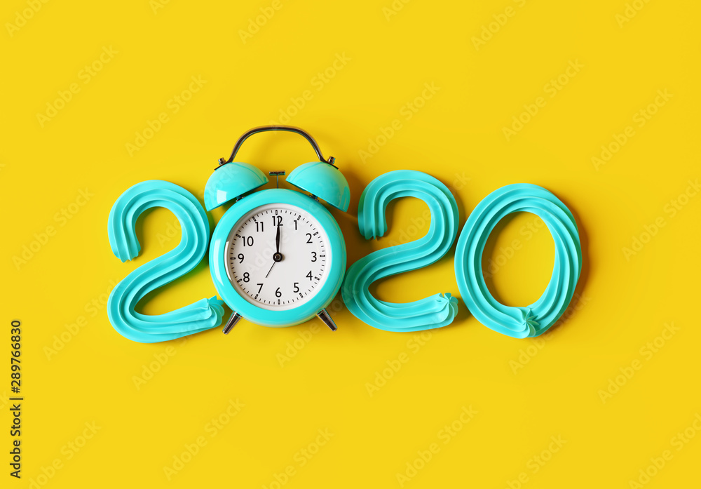 New year 2020 cream number with blue alarm clock. 3d rendering New year 2020 cream number with blue alarm clock. 3d rendering