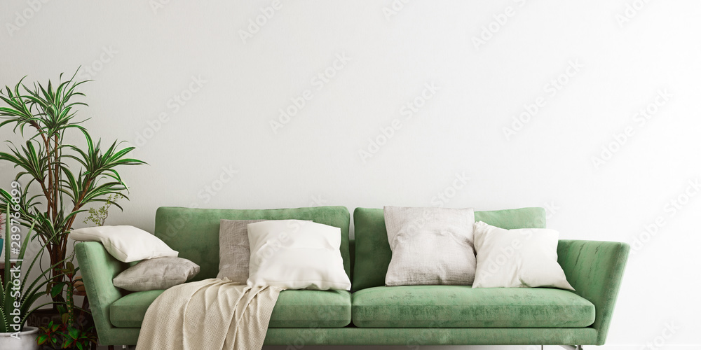 Mock up wall with an olive green sofa in modern interior background, living  room, Scandinavian style, ultra wide close-up, 3D render, 3D illustration  foto de Stock | Adobe Stock