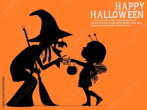 The little girl is asking for some candy from the ugly witch
