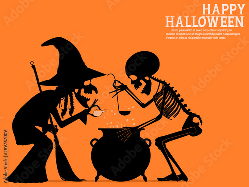 The ugly witch and the skeleton are cooking together