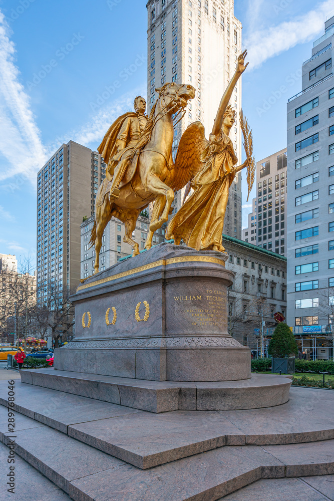 New York City, NY, USA - December, 2018 - William Tecumseh Sherman Memorial are outdoor sculptures of William Tecumseh Sherman and Victory by Augustus Saint-Gaudens, at Grand Army Plaza.