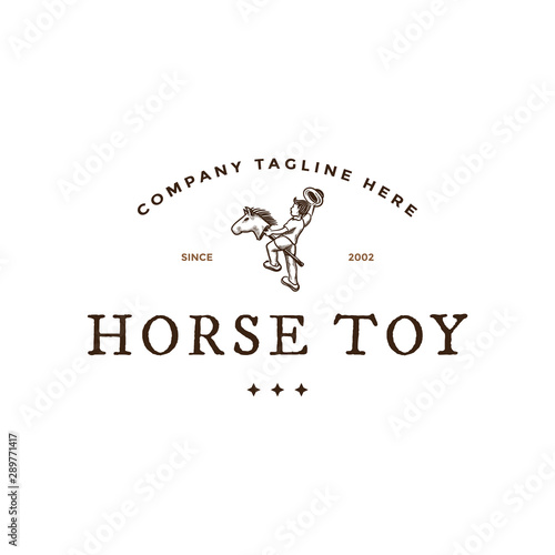 Kid playing horse toy like cowboy logo