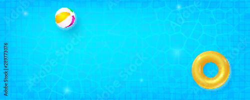 Yellow ring floating with beach ball in refreshing blue swimming pool. Top view on ripple and flow of waves. Summer background. Texture of water surface. Overhead view. Vector 3d illustration