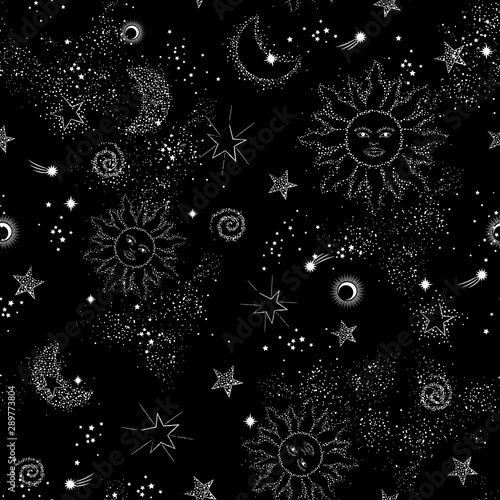 Space Galaxy constellation seamless pattern print could be used for textile, zodiac star yoga mat, phone case