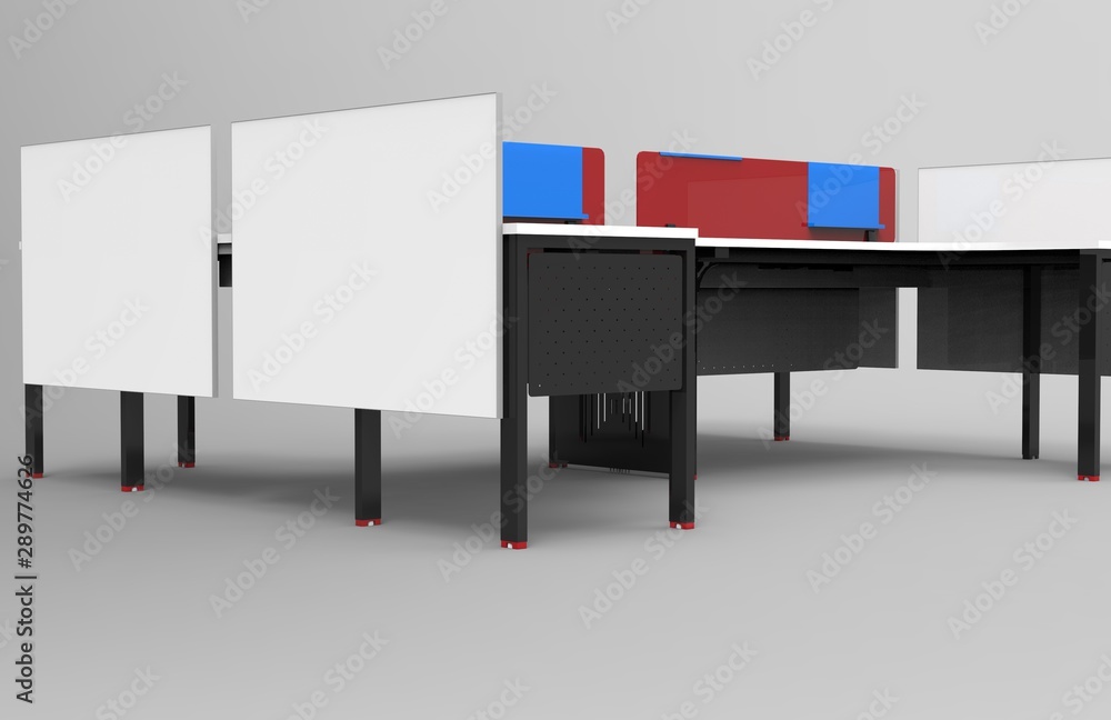 Interior of open space office with white and glass with computer desks. 3d rendering Interior of open space office with white and glass with computer desks. 3d rendering