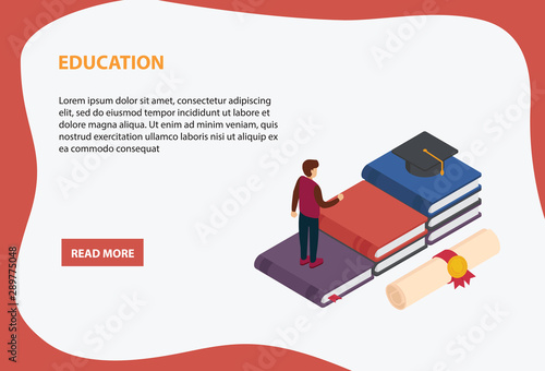 Graduate, study, education, university, college concept.  People walking down step of books to get graduation cap