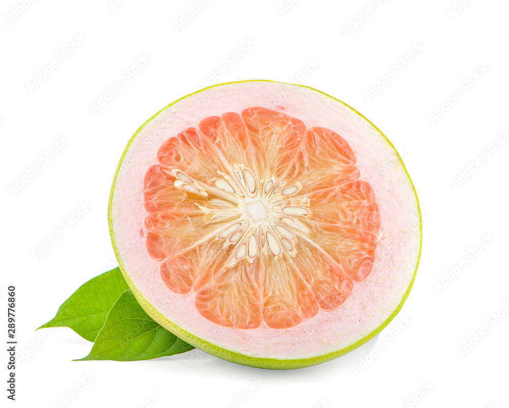 Pomelo citrus fruit with leaves isolated on white background. Clipping path Pomelo citrus fruit with leaves isolated on white background. Clipping path