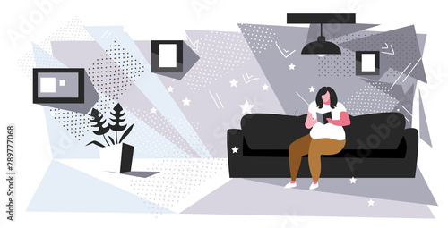 fat woman sitting on couch reading book obese girl relaxing with textbook on sofa education obesity concept modern living room interior sketch full length horizontal