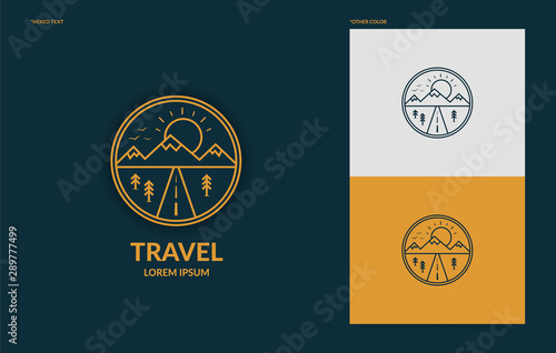 Flat line art travel logo template, minimal logotype of mountain