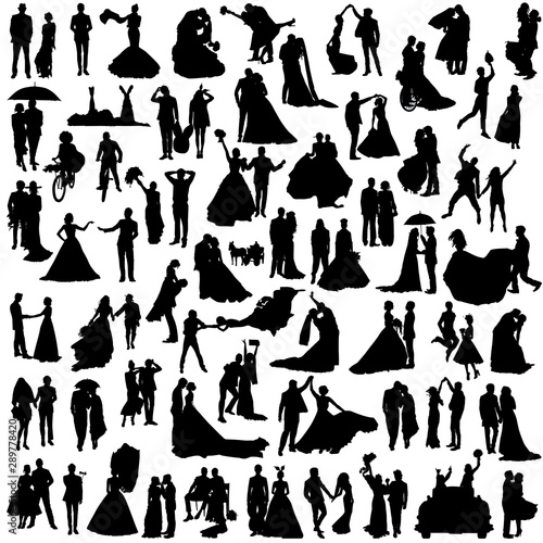 Set of silhouettes of wedding couples. Many diverse grooms and brides.