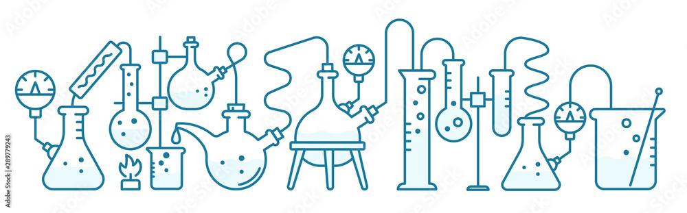 Chemistry science horizontal banner. Education lab background. The production of chemicals. Laboratory research experiments. Outline contour blue line vector. - obrazy, fototapety, plakaty 