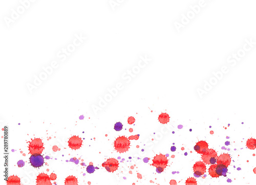 Colorful abstract watercolor texture with splashes and spatters. Red and purple paint drop stain isolated on white background. Grunge design element for poster, flyer, name card. Clipping path.