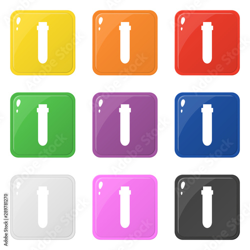Bottle laboratory glass icons set 9 colors isolated on white. Collection of glossy square colorful buttons. Vector illustration for any design.
