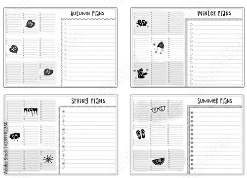 Monthly planning sheets of affairs and habits for the summer, autumn, winter and spring. List to do
