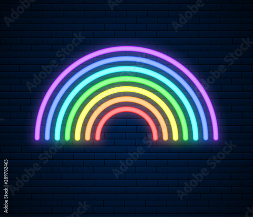 Neon Rainbow Sign. LGBT Pride Month. Lesbian Gay Bisexual Transgender. Rainbow love concept. Human rights and tolerance. Vector ilustration isolated on brick wall