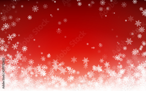 Holiday winter background for Merry Christmas and Happy New Year. Falling white snowflakes on red background. Winter falling snow. Vector illustration