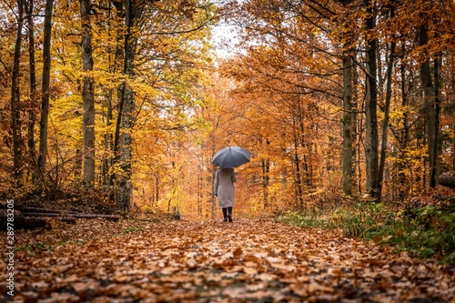 woman walking in autumn forest