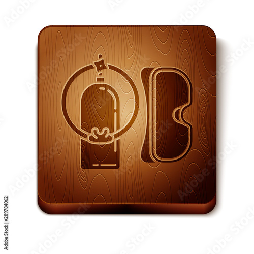 Brown Diving mask and aqualung icon isolated on white background. Oxygen tank for diver. Extreme sport. Sport equipment. Wooden square button. Vector Illustration