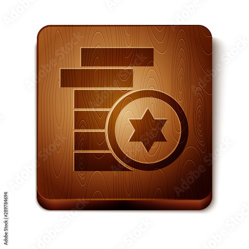 Brown Jewish coin icon isolated on white background. Currency symbol. Wooden square button. Vector Illustration