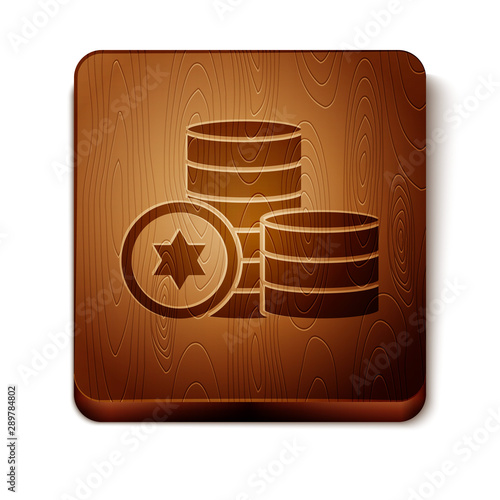 Brown Jewish coin icon isolated on white background. Currency symbol. Wooden square button. Vector Illustration