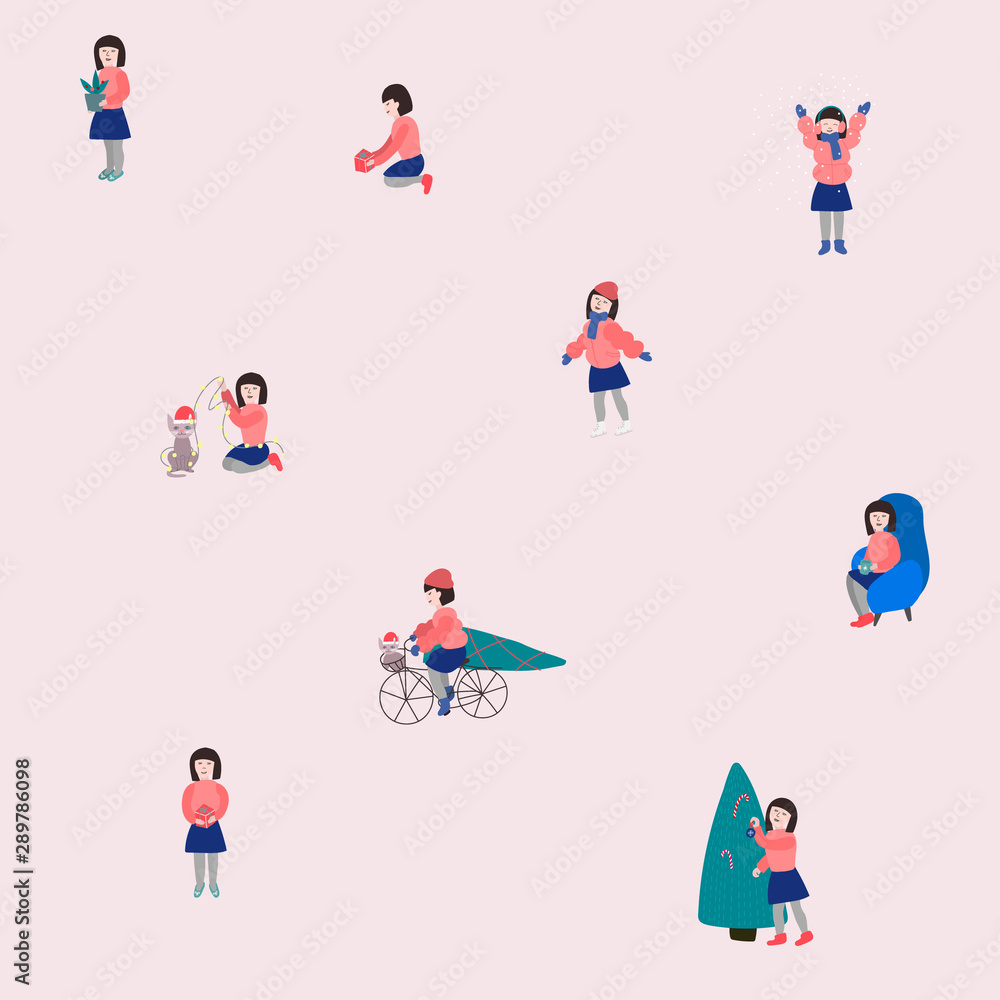 Christmas tree girl winter season seamless pattern