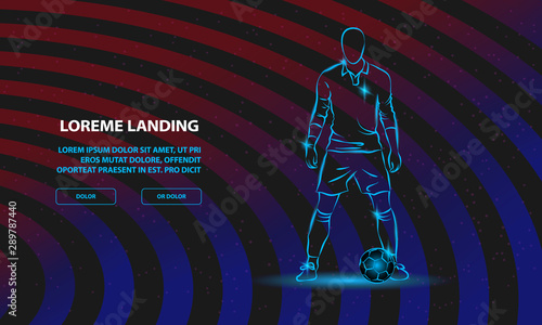 Soccer player stands near the ball and prepare for a kick. Vector Sport Background for Landing Page Template.