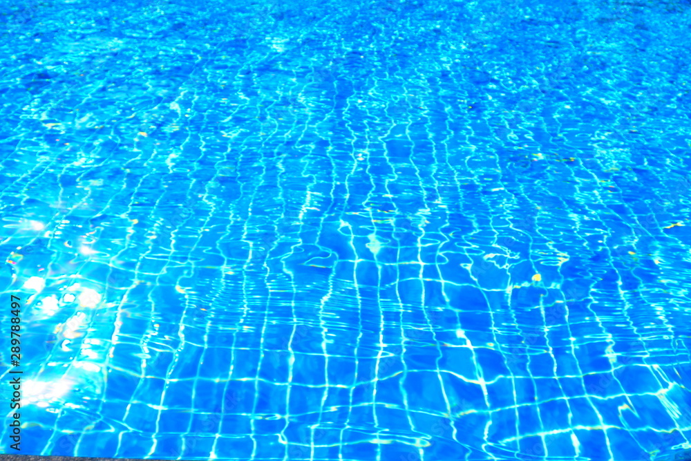 Top view of beautiful swimming pool with clear water and sunlight reflection on the surface in blue and turquoise color in the morning Relaxation on a day off, blurred focus of water motion background Top view of beautiful swimming pool with clear water and sunlight reflection on the surface in blue and turquoise color in the morning Relaxation on a day off, blurred focus of water motion background