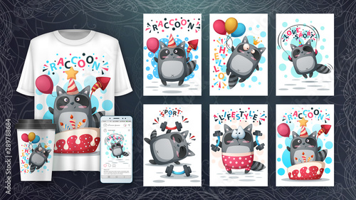 Set cute raccoon poster and merchandising