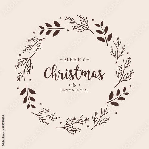 Merry Christmas greeting text branch wreath circle background