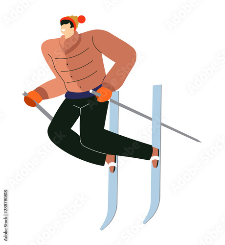 Mountain skiing sport, man on skies with sticks isolated character