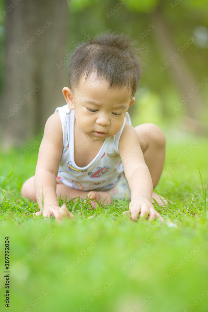 Cute smiling little asian boy crawling on green grass